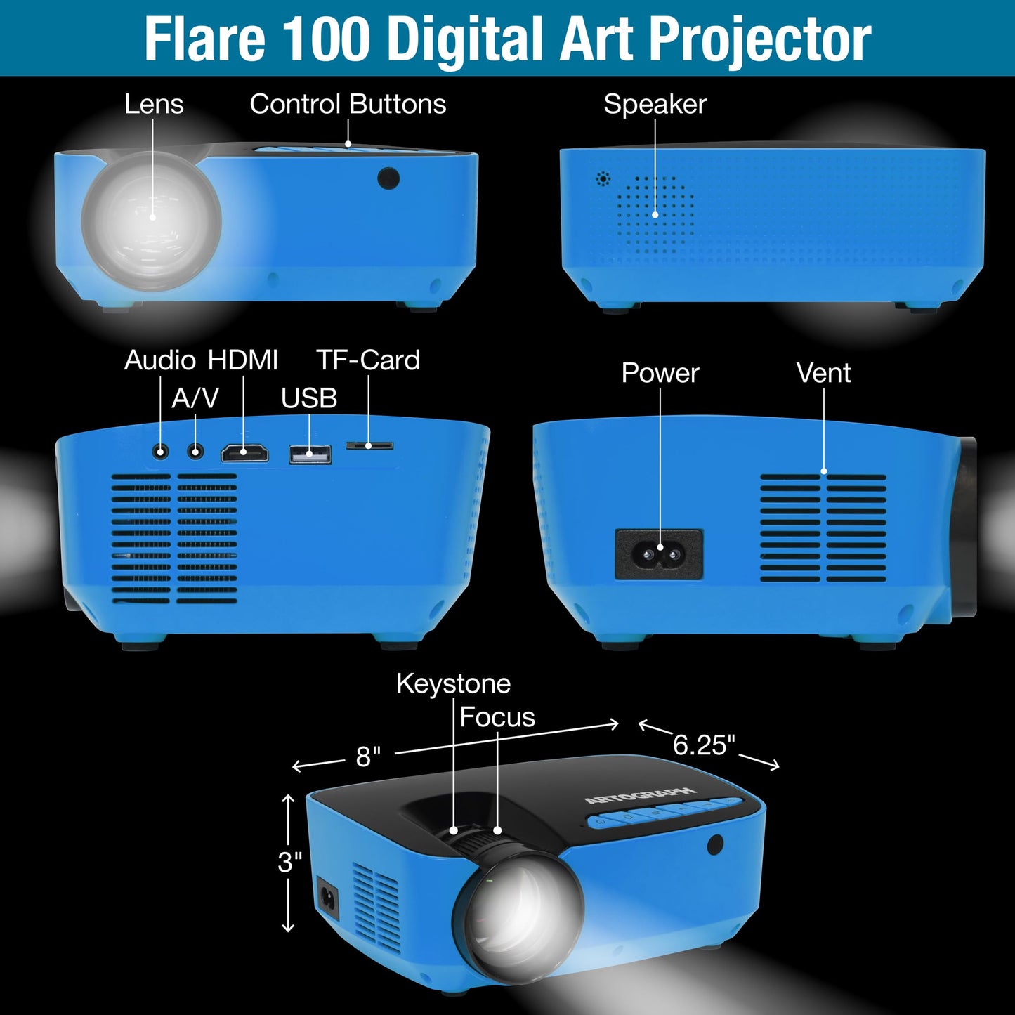 Artograph Flare 100 Digital Art Projector with Adjustable Monopod Stand, Blue/Black – 1080p Native Resolution, Built-In Art Grids for Drawing and Tracing, WiFi and HDMI Compatible