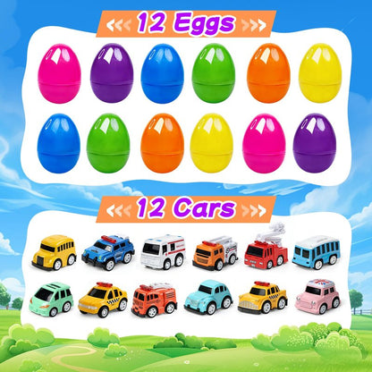 12 Pcs Prefilled Easter Eggs with Mini Cute Pull Back Alloy Car Toys for Toddlers Kids Easter Basket Stuffers Egg Hunt Party Favors Classroom Prizes for Boys and Girls