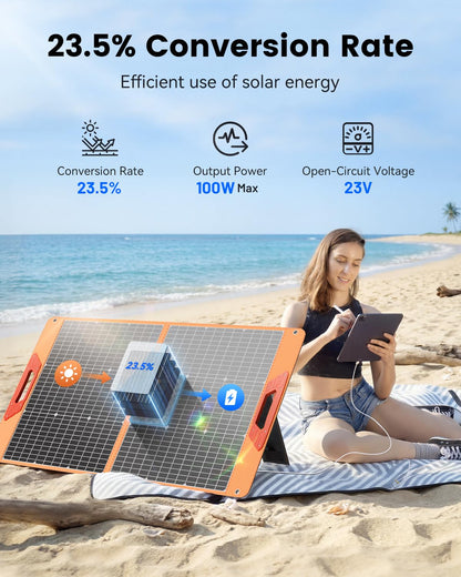 SOLUPUP 100W Portable Solar Panel for Power Station, 23.5% High Efficiency Foldable Solar Charger with DC/XT60/Anderson Cable, QC3.0 USB Outputs, IP65 Waterproof for Outdoor Camping RV Off-Grid