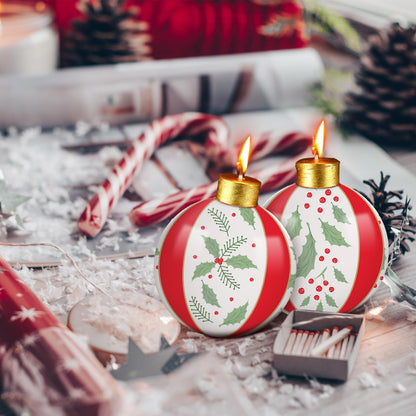Lounsweer 4 Pcs Rustic Holly Berries Ball Candles Christmas, Round Ball Ornament Candles 3 Inch Unscented Decorative Sphere Candle for Weddings Christmas Home Decoration Gifts