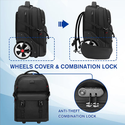 MATEIN Rolling Backpack for Men with Wheels, 17 Inch Large Wheeled Backpack with Combination Lock, Water Resistant Anti Theft Travel Laptop Backpack for Adults Work Business, Black