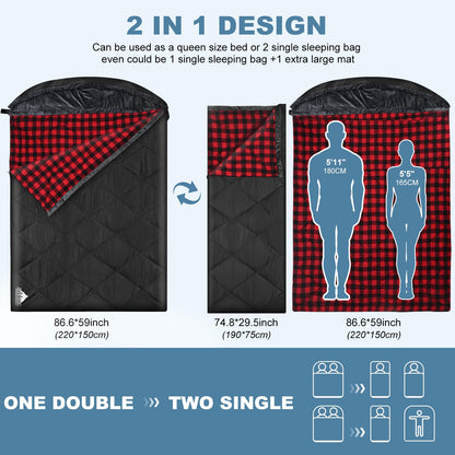 AGEMORE Cotton Flannel Double Sleeping Bag with Fleece Lined Hood, Waterproof Queen Size 2 Person Sleeping Bag for Adults Cold Weather Camping Backpacking or Hiking, 3-4season