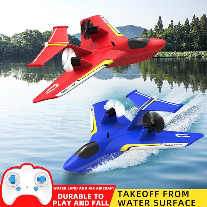 Remote Control Wireless Airplane Toy Gravity Gliders Airplane With Lights Rc Plane For Water Land &amp Air Rc Float Plane 2.4G 2 Channels Rc Remote Control Fighter Model Toy For Adults Kids (Red)