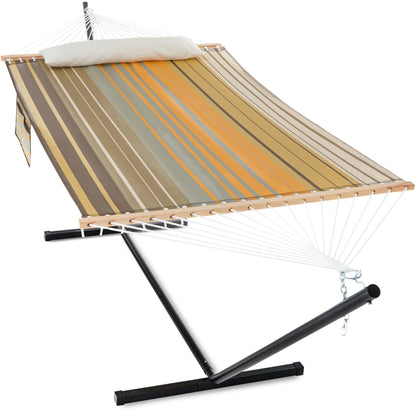 Gafete Waterproof Double Hammock with Stand for Outside Heavy Duty, 2 Person 55'' Large Quick Dry Textilene Hammocks with Hardwood Spreader Bar, Pillow, Pockets, for Outdoor, 475lbs Capacity (Coffee)