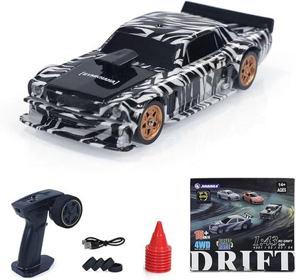 TOUCAN RC HOBBY 1:43 Ready to Run Race Car Gyro Drift Car 4WD Traffic Cones Mini Toy for Men(White Black)