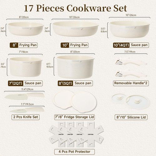 JEETEE Pots and Pans Set Non Stick 17pcs, Kitchen Cookware Sets with Detachable Handle, Induction Nonstick Cookware Set with Removable Handle, Stackable RV Cookware, Oven Safe, PFAS/PFOA Free, Black