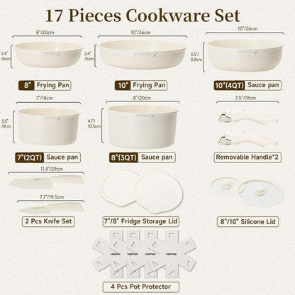 JEETEE Pots and Pans Set Non Stick 17pcs, Kitchen Cookware Sets with Detachable Handle, Induction Nonstick Cookware Set with Removable Handle, Stackable RV Cookware, Oven Safe, PFAS/PFOA Free, Black