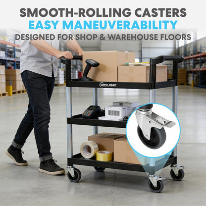 Simpli-Magic Rolling Utility Cart on Wheels, Heavy Duty Multi-Purpose Service Cart, Silver & Black, Garage, Warehouse & Commercial Use
