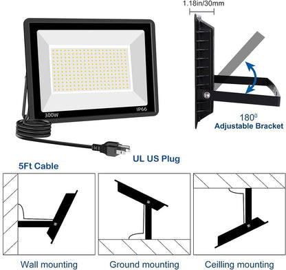 Sunkkes 3 Pack 300W Warm White Flood Lights Outdoor, 36000LM Super Bright Flood Light, Exterior Security Light, IP66 Waterproof Floodlight for Yard,Court, Garden, Workshop,Billboard