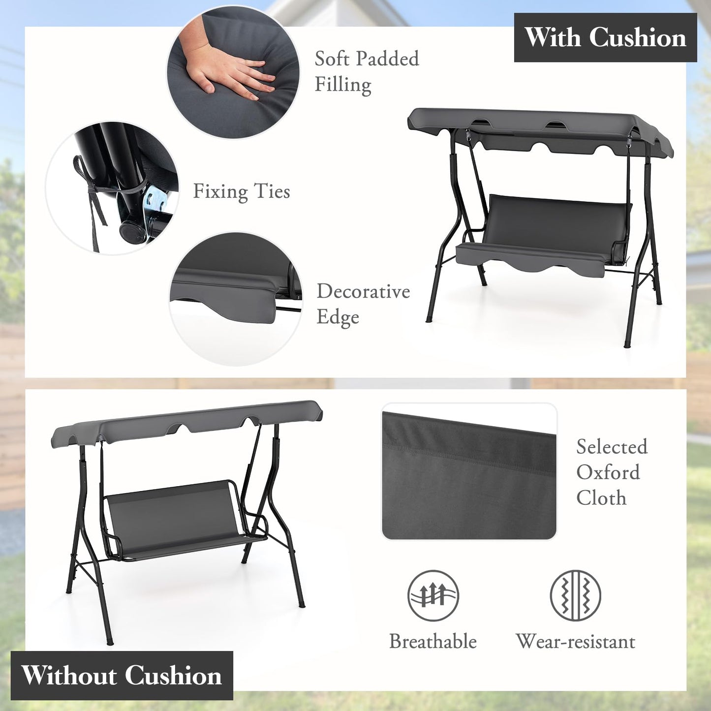 HAPPYGRILL 3-Person Patio Swing Chair, Outdoor Swing Glider with Adjustable Canopy and Removable Cushion, Porch Swing with Stand for Garden and Backyard, (Grey)