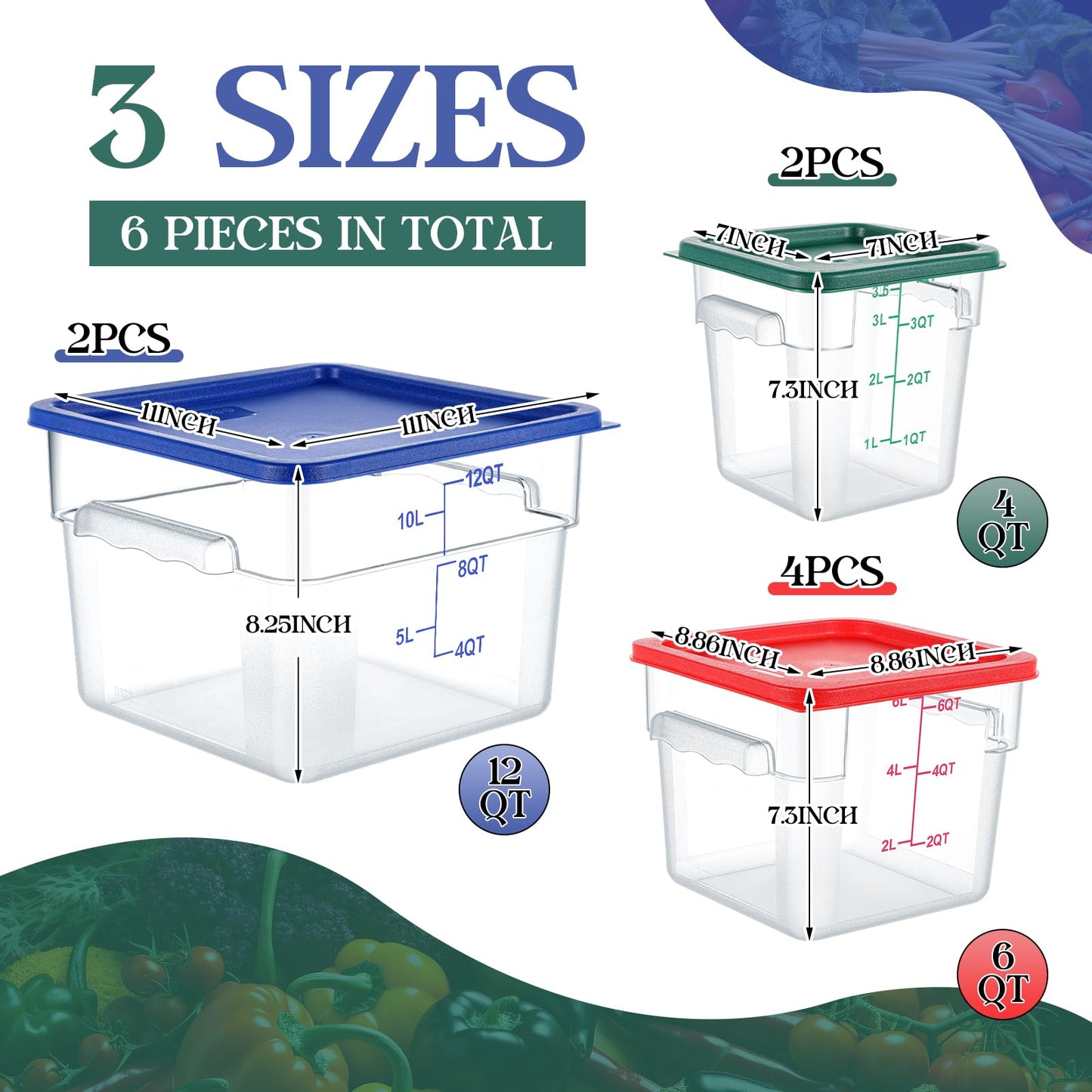 Ziliny 8 Set Square Food Storage Containers with Lid Contains 4 Pcs 6 Qt, 12 Quart and 4 Quart 2 Each, Clear Polycarbonate Commercial Food Storage Container Dough Proofing for Restaurant Home