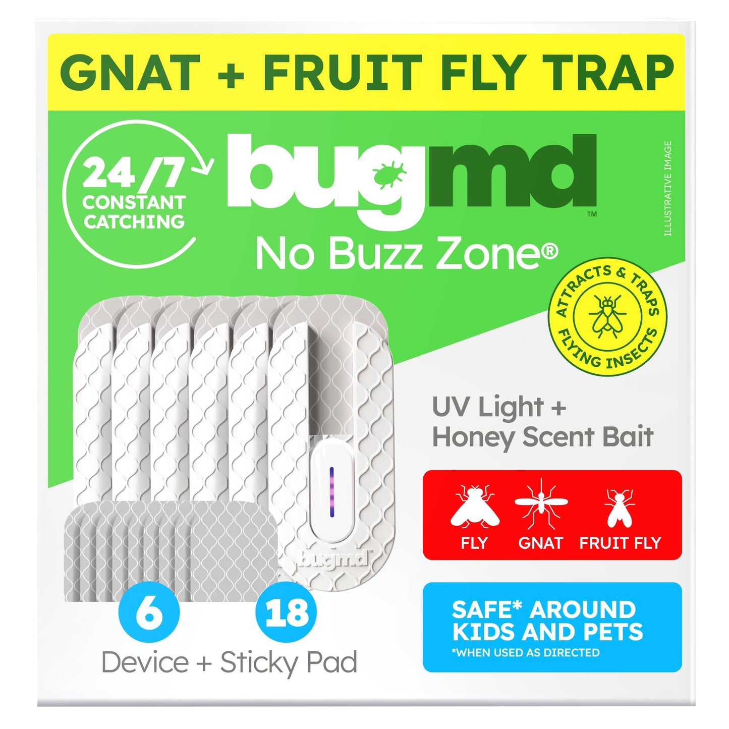 BugMD No Buzz Zone Fruit Fly Traps for Indoors with Honey Scent Bait & UV Light – Gnat Traps for House Indoor, Plug in Fly Trap Indoor, Bug Zapper Alternative, Mosquito Trap for Home (6-Pack)