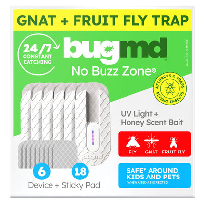 BugMD No Buzz Zone Fruit Fly Traps for Indoors with Honey Scent Bait & UV Light – Gnat Traps for House Indoor, Plug in Fly Trap Indoor, Bug Zapper Alternative, Mosquito Trap for Home (6-Pack)