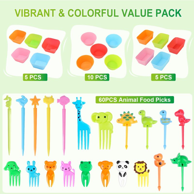 Vicuna R 80PCS Silicone Lunch Box Dividers Kit, Reusable Silicone Cupcake Liners Muffin Cups, Fun Lunchbox Bento Box Accessories, Cute Food Picks for Kids (20 Baking Cups + 60 Animal Picks)