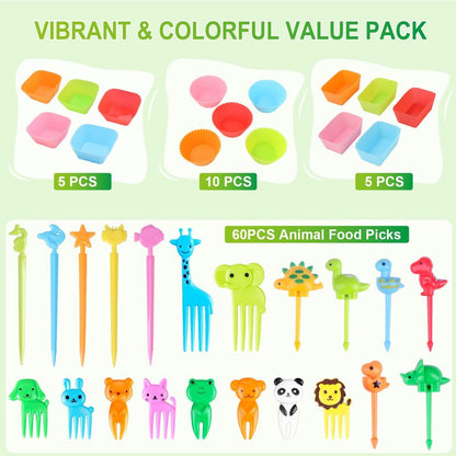 Vicuna R 80PCS Silicone Lunch Box Dividers Kit, Reusable Silicone Cupcake Liners Muffin Cups, Fun Lunchbox Bento Box Accessories, Cute Food Picks for Kids (20 Baking Cups + 60 Animal Picks)