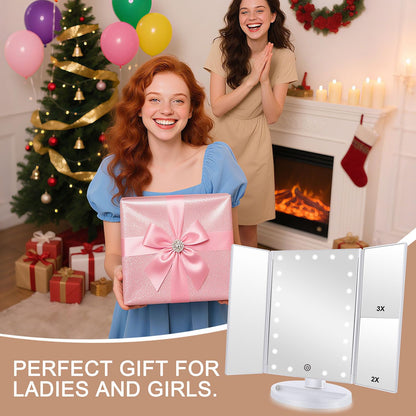 deweisn Dresser Mount Tri-Fold Lighted Vanity Mirror with 21 LED Lights, Touch Screen and 3X/2X/1X Magnification, Two Power Supply Modes Make Up Mirror,Travel Mirror