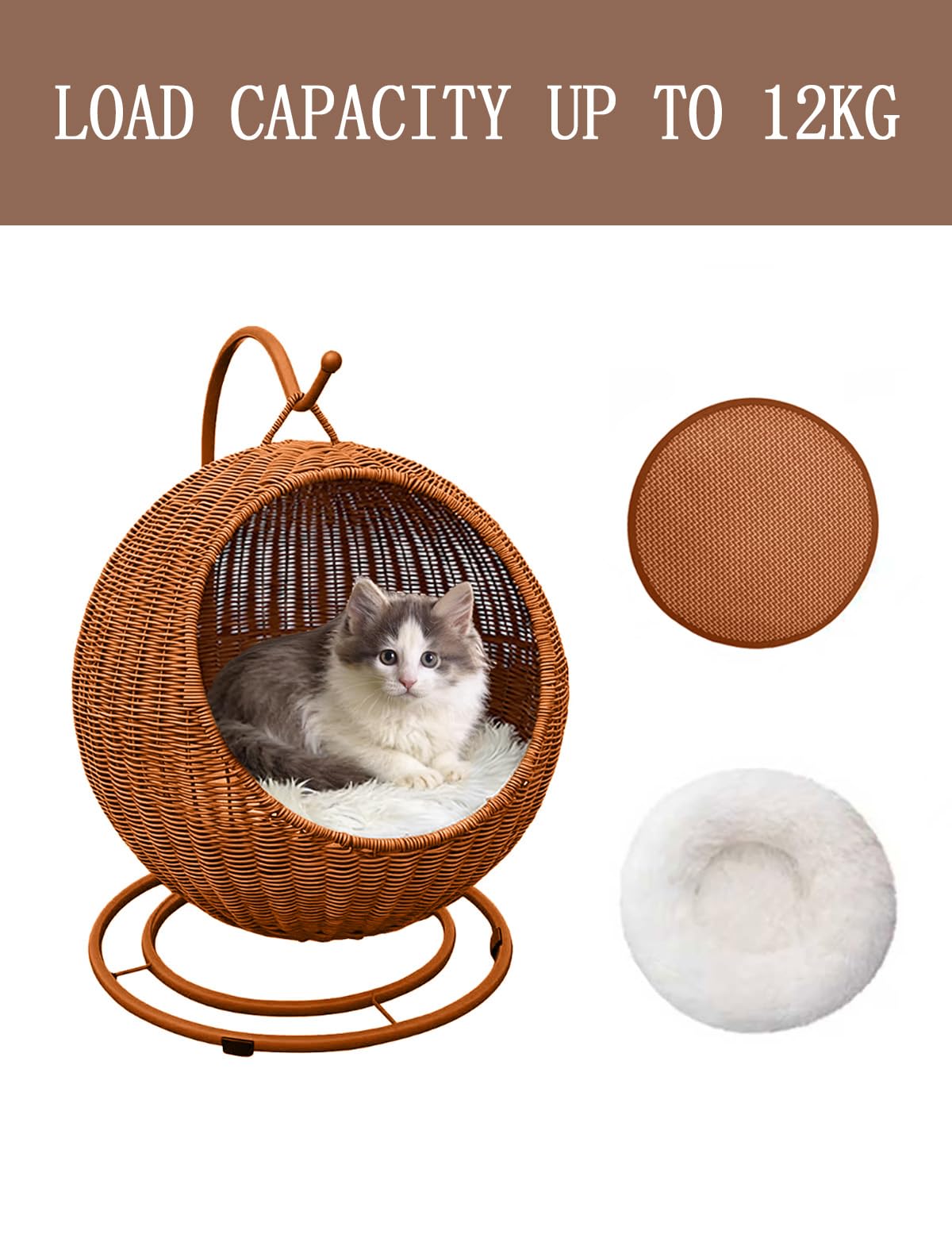 CIHTL Wicker Cat Bed Indoor & Outdoor, Handwoven PP Rattan Cat Swing Bed with Removable Washable Cushion, Breathable Waterproof Cat House for Cats & Small Dogs (Large–16.9" L × 25.98" H)
