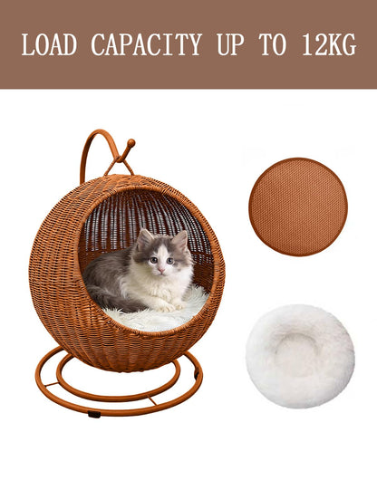 CIHTL Wicker Cat Bed Indoor & Outdoor, Handwoven PP Rattan Cat Swing Bed with Removable Washable Cushion, Breathable Waterproof Cat House for Cats & Small Dogs (Large–16.9" L × 25.98" H)