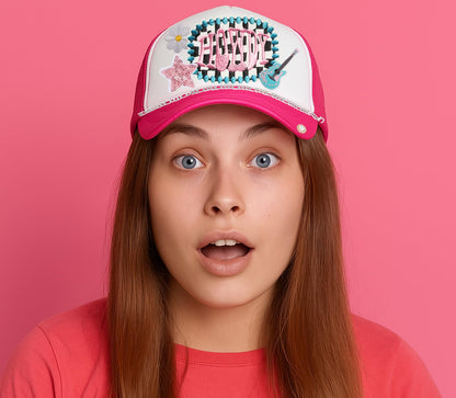 HEYTRCO Pink Western Trucker Hat DIY Kit, 3 Pink Mesh Foam Hats, 25 Patches, 3 Chains, 6 Pins, Heat-Resistant Tape for Custom Cowgirl Hats, Girls DIY Craft Set