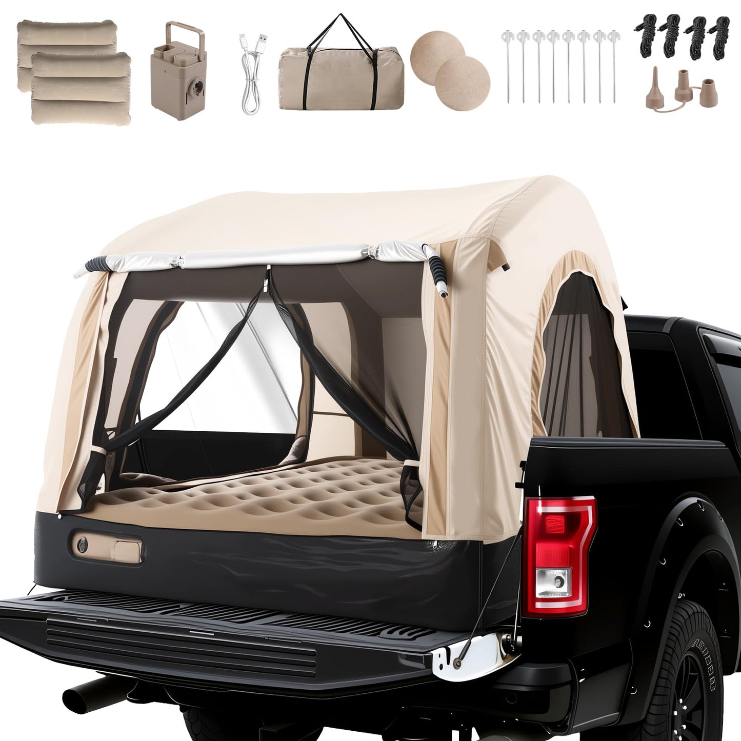 Afurkuot Inflatable Truck Tent & Air Mattress with Built-in Pump and Inflatable Pillow, Waterproof PU2000mm Double Layer Air Mattress Pickup Trcuks Tent for Road Trip Camping Outdoor Travel