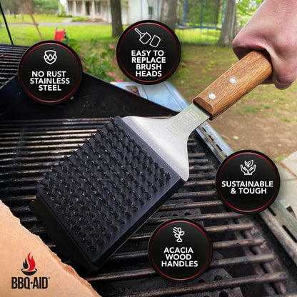 BBQ-Aid Grill Brush - Heavy-Duty Scraper with Extended Wooden Handle & Replaceable Stainless Steel Bristles