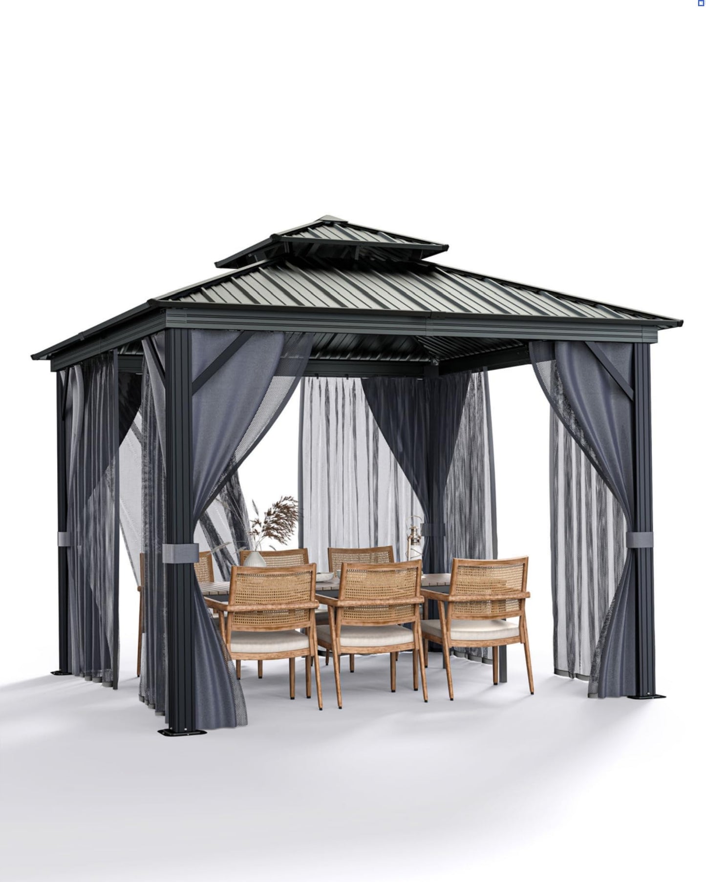 KYBOLT 12x12 Ft Hardtop Gazebos with Heavy Duty Double Roof, Nettings and Curtains Galvanized Steel Outdoor Gazebos for Patio, Backyard, Deck, Lawn (Gray)