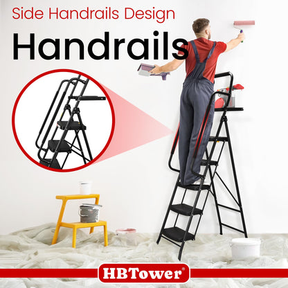 HBTower Step Ladder, 5 Step Ladder for Adults with Wide Anti-Slip Pedal, Step Stool Foldable with Handrails & Tool Tray, 330 Capacity for Home and Kitchen, Black