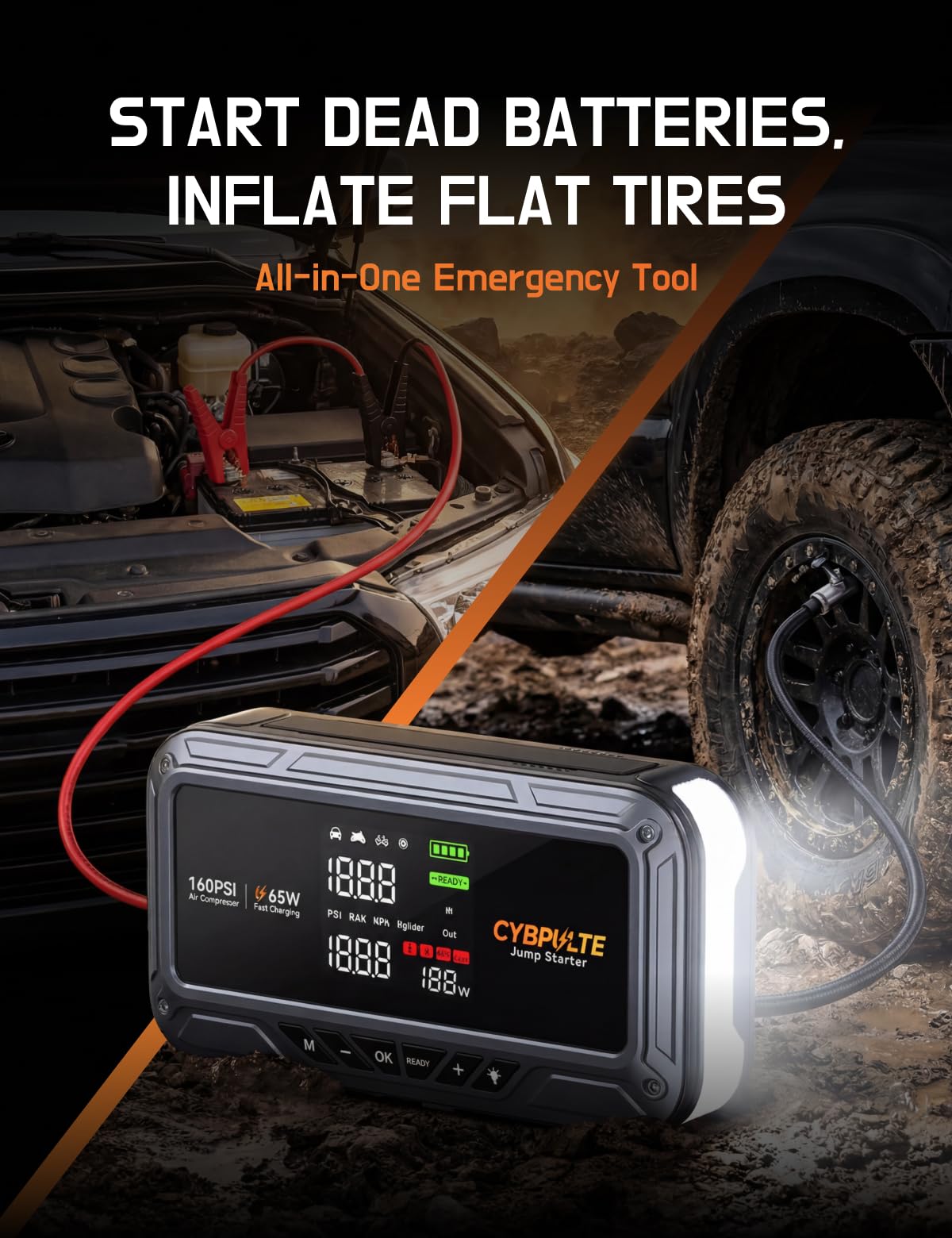 Jump Starter with Air Compressor, 8000A 160 PSI Portable Car Battery Jump Starter with LCD Display, 65W USB-C Fast Charging, All-in-One Emergency Jump Box for All Gas 14L Diesel