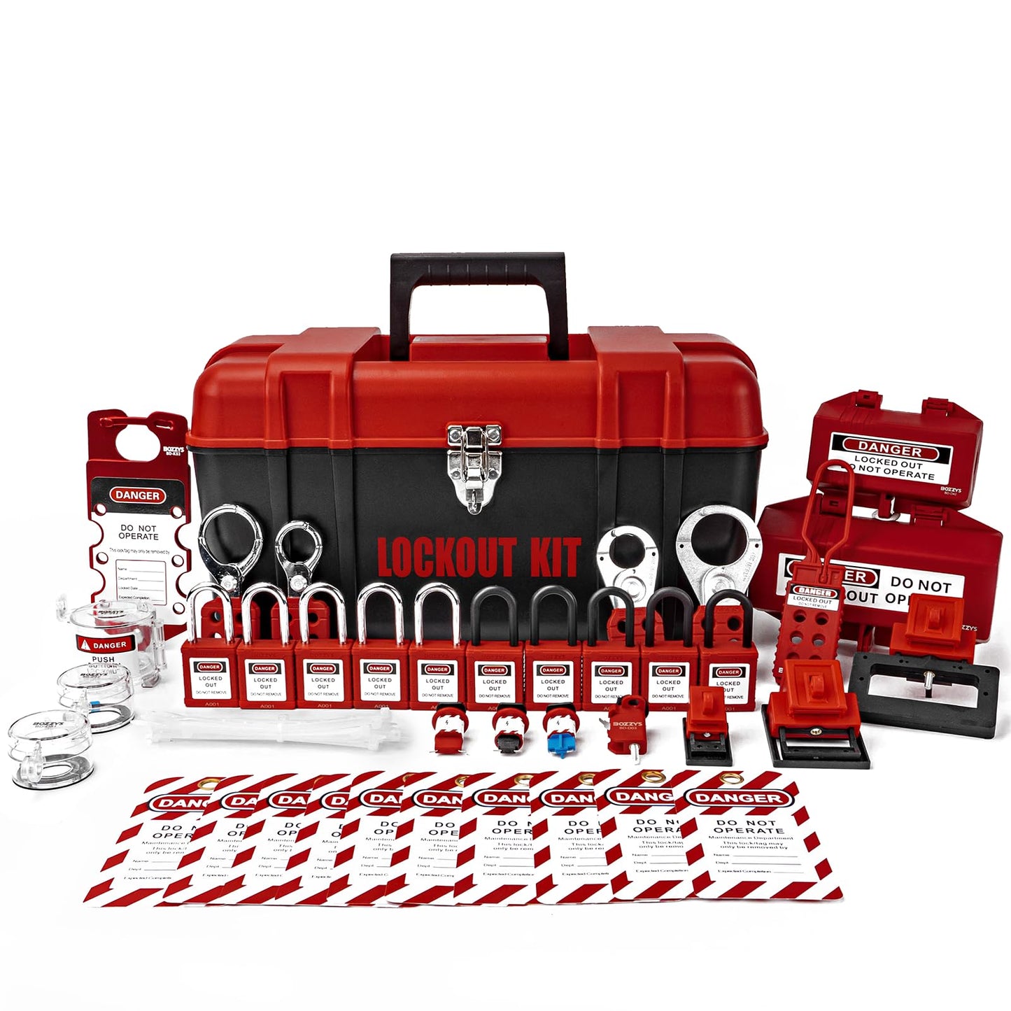 BOZZYS Portable Lockout Tagout Kit - 39 Pack OSHA Compliant | Red Loto Locks to Prevent Accidental Startup | for Industrial Electrical Plug & Breakers Lock Out Tag Out