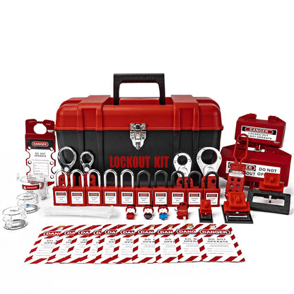 BOZZYS Portable Lockout Tagout Kit - 39 Pack OSHA Compliant | Red Loto Locks to Prevent Accidental Startup | for Industrial Electrical Plug & Breakers Lock Out Tag Out