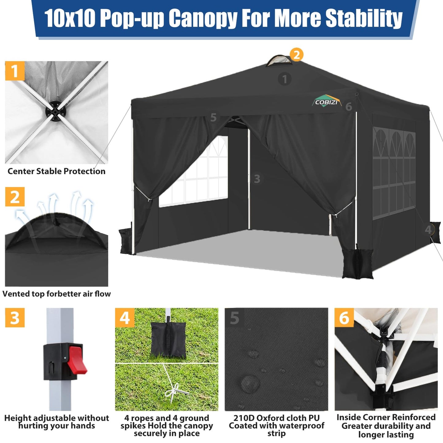 COBIZI 10x10 Pop Up Canopy Tent, One Push Outdoor Gazebo with 4 Removable Sidewalls & Air Vent, Waterproof Commercial Easy Up Adjustable Canopy with 4 Sandbags, 4 Stakes & 8 Ropes for Party,Black