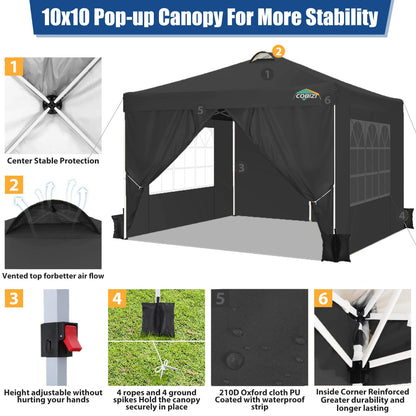 COBIZI 10x10 Pop Up Canopy Tent, One Push Outdoor Gazebo with 4 Removable Sidewalls & Air Vent, Waterproof Commercial Easy Up Adjustable Canopy with 4 Sandbags, 4 Stakes & 8 Ropes for Party,Black