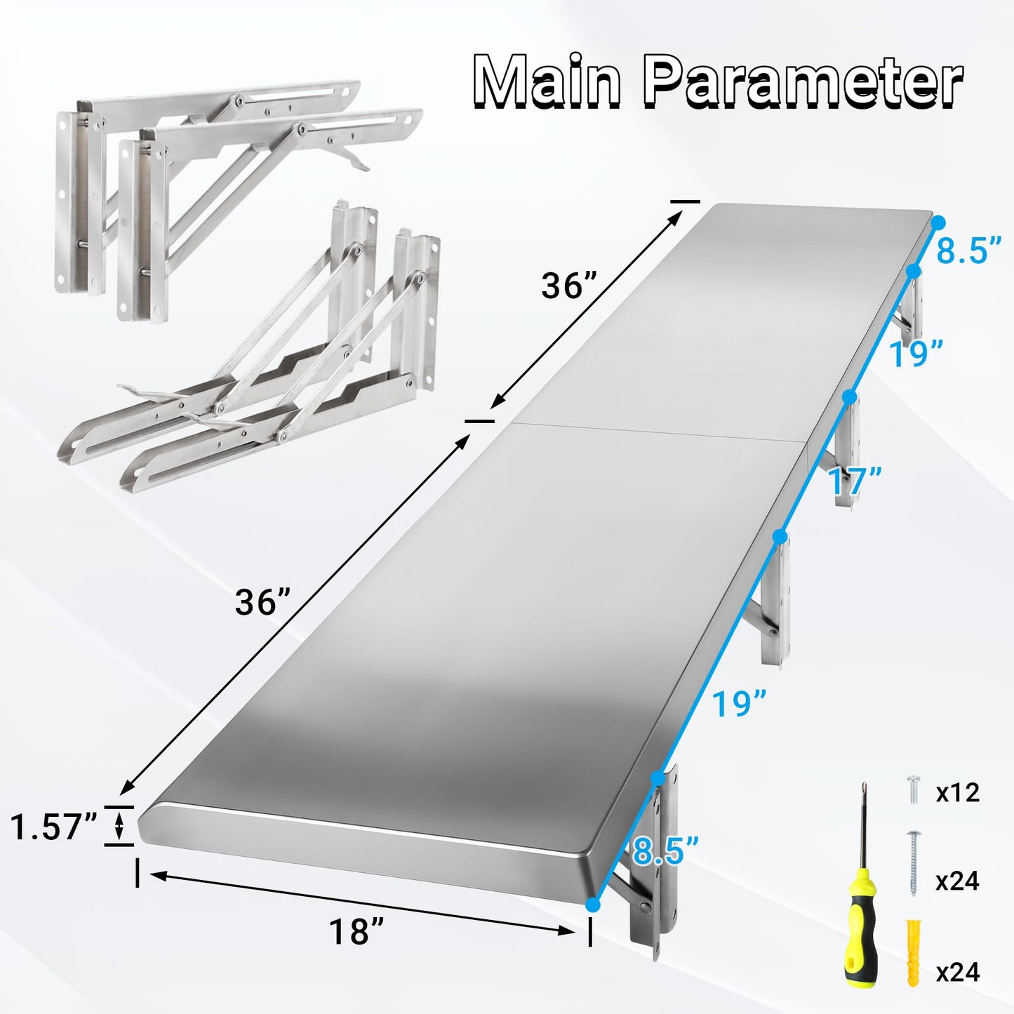 Toriexon Concession Shelf Drop Down 18" x 72", Spliced Style Folding Concession Stand Shelf Commercial Grade Stainless Steel, Foldable Concession Shelves for Snack Bar, Food Cart, Movie Theater