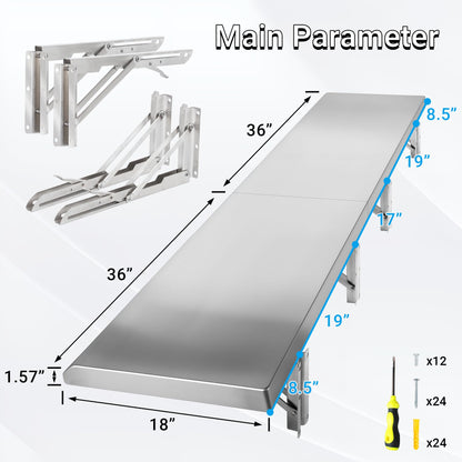 Toriexon Concession Shelf Drop Down 18" x 72", Spliced Style Folding Concession Stand Shelf Commercial Grade Stainless Steel, Foldable Concession Shelves for Snack Bar, Food Cart, Movie Theater