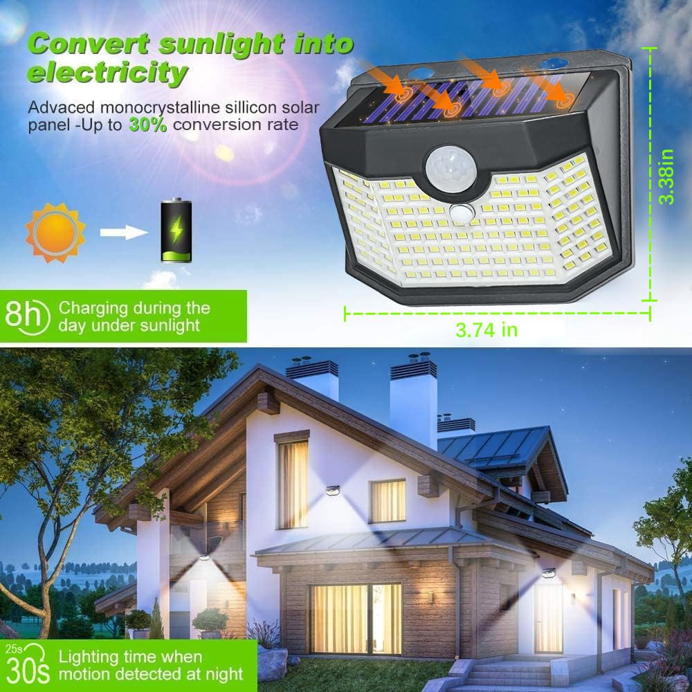 HMCITY 120 LED Outdoor Solar Lights with Motion Sensor and 3 Lighting Modes, IP65 Waterproof Wide Solar Wall Lights Ideal for Garden Patio Yard (Front Button 12Packs, Black Shell-Daylight White)