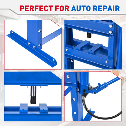 GarveeTech 10 T Hydraulic Press, Heavy Duty H Frame Garage Hydraulic Shop Press with 2 Press Plates, Adjustable Work Table Height Blue