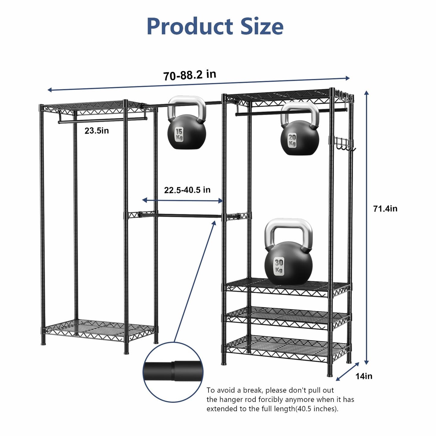 VANZBON Heavy Duty Closet Garment Rack, 6 Tiers Adjustable Metal Freestanding Expandable Clothing Storage with 4 Hanger Rods, Easy to Assemble Wardrobe, 71.4" H x (70" - 88.2") L x 14" D, Black