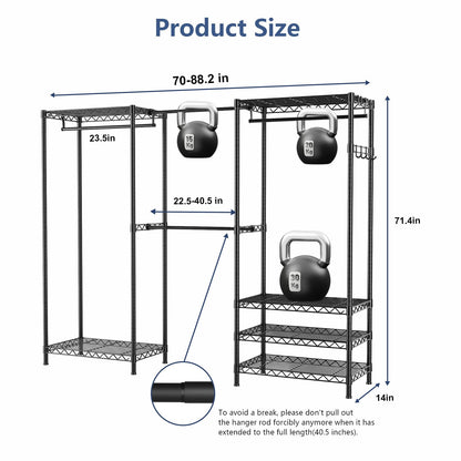 VANZBON Heavy Duty Closet Garment Rack, 6 Tiers Adjustable Metal Freestanding Expandable Clothing Storage with 4 Hanger Rods, Easy to Assemble Wardrobe, 71.4" H x (70" - 88.2") L x 14" D, Black