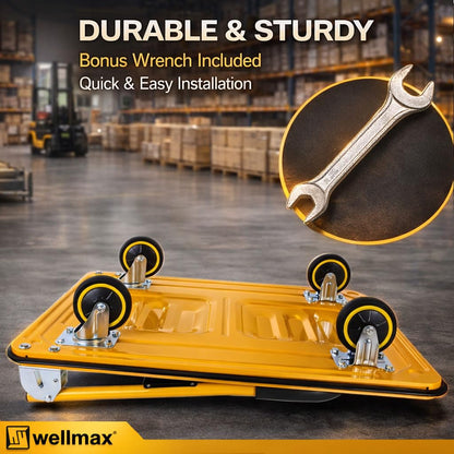 Push Cart Dolly by Wellmax, Moving Platform Hand Truck, Foldable for Easy Storage and 360 Degree Swivel Wheels with 660lb Weight Capacity, Yellow Color