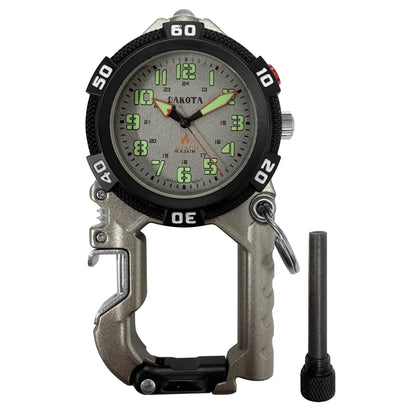 Dakota Flint Clip-On Survival Watch – Outdoor Tool with Flint Fire Starter, LED Flashlight & Bottle Opener – Silver