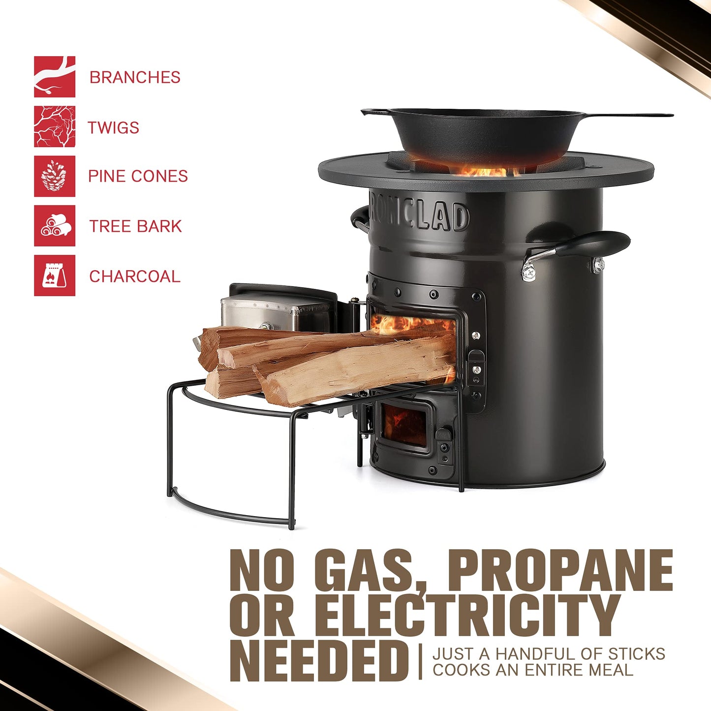 IronClad Supply Rocket Stove – Camping Wood Stove for Emergency Preparedness, Survival, Off Grid Living Supplies – Portable Wood Burning Stove with Canvas Storage Bag and Fuel Support System