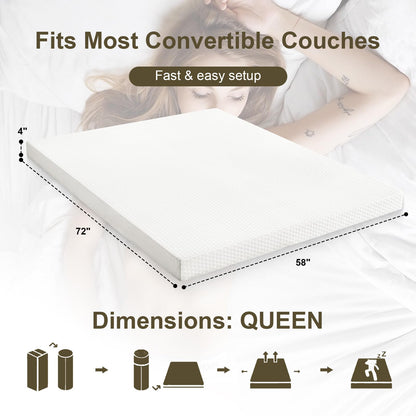 Kawcono 4 inch Queen Sofa Mattress with Removable Washable Cover,Replace Pull Out Queen Sleeper Sofa Mattress for RVs,Daybeds,Boats&Guest Rooms,58x72x4 inch