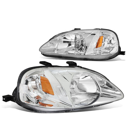 DNA MOTORING Pair Headlight Assembly Compatible With 99-00 Honda Civic, Chrome/Amber, HL-OH-HC99-CH-AM