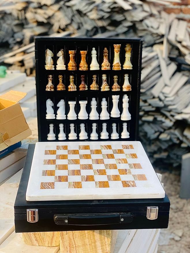 Marble Chess Set Handmade Onyx Full Chess Game Set.Comes in Rexine Box Packaging. Perfect for Gifting (White Green)
