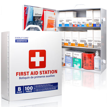 EVERLIT CARE 3-Shelf OSHA-Compliant First Aid Kit, ANSI Class B+ 100 Person Emergency First Aid Cabinet for Business, Job Site, Industrial Manufacturing Facility, Restaurant, and Kitchen
