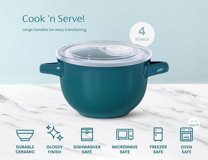 KooK French Onion Soup Bowls - Oven Safe Ceramic Crocks | Set of 4, 18 oz, Teal Color