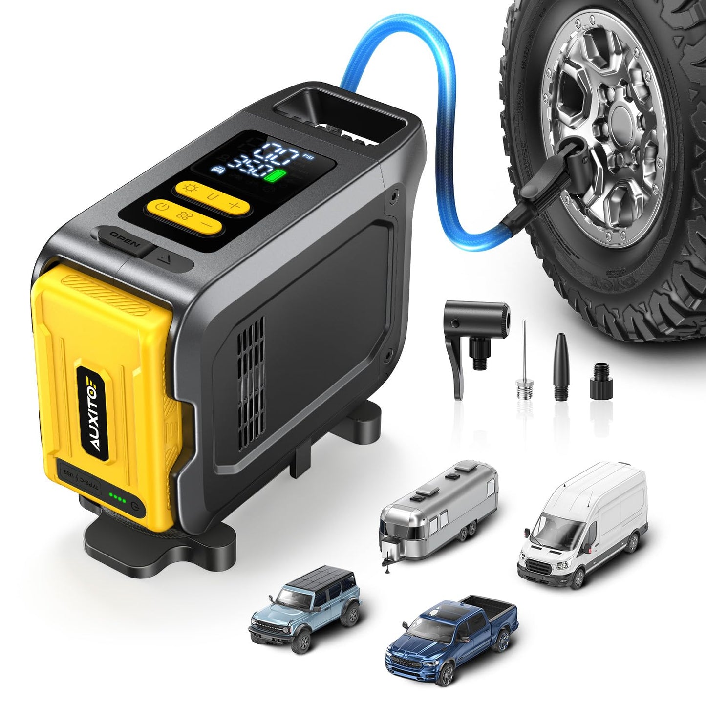 AUXITO AT1 150PSI Heavy Duty Tire Inflator Portable Air Compressor for Pickup Truck – Built in 26000mAh Power Station & 65W Fast Charging – Emergency Tire Air Pump for F-150, Off-Road, RV Camping