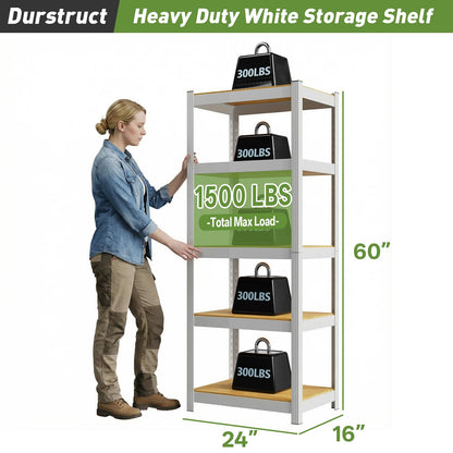 Durstruct 5 Tier White Metal Shelving Unit 24" W×16" D×60" H Adjustable Storage Utility Rack Heavy Duty Shelves Organization Multipurpose Shelf for Pantry Closet Kitchen Garage Bathroom