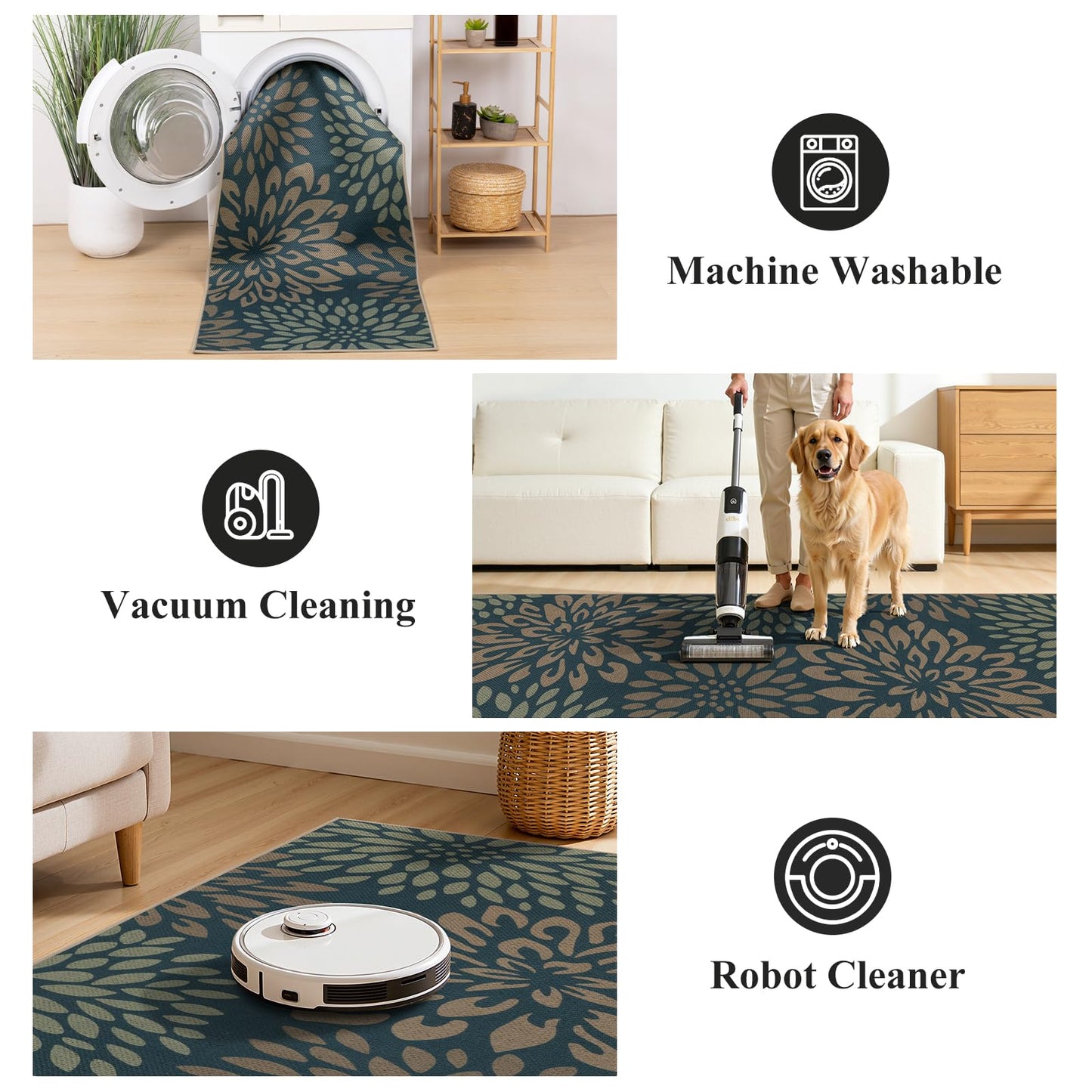 HEBE Easy Jute Area Rugs 8x10ft, Large Outdoor Rug for Patios Non Slip Washable, Floral Floor Carpet for Indoor Outdoor Bedroom Dining Room Balcony Porch