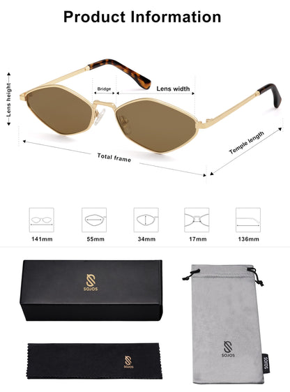 SOJOS Retro Small Polarized Sunglasses Womens Mens Vintage Narrow Irregular Shades UV400 SJ1233 with Gold/Brown Lens